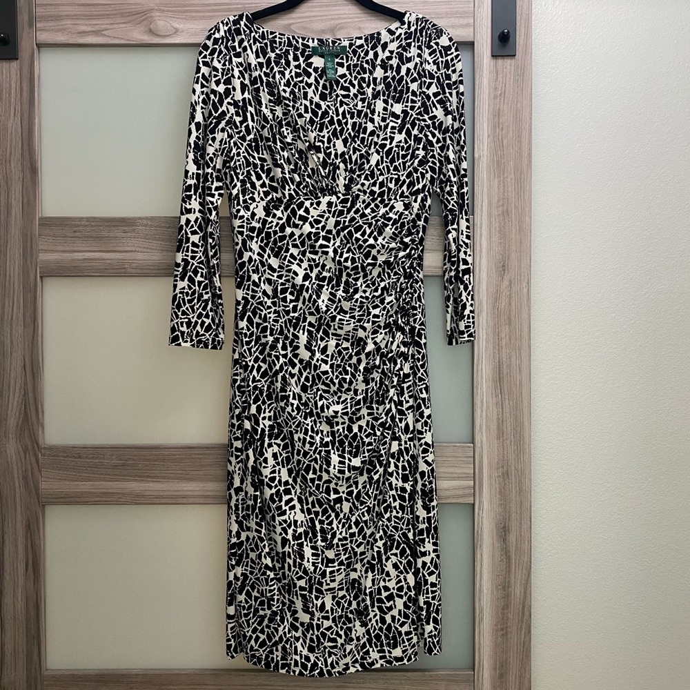 Ralph Lauren Black & White V Neck Faux Wrap Dress